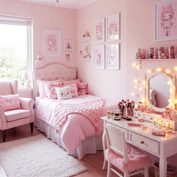 Kawaii Bedroom with a Tufted Headboard and a Globe Light Vanity