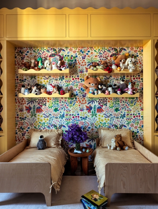 Kids Bedroom with Scalloped Toy Shelves and Mustard Yellow Built-ins