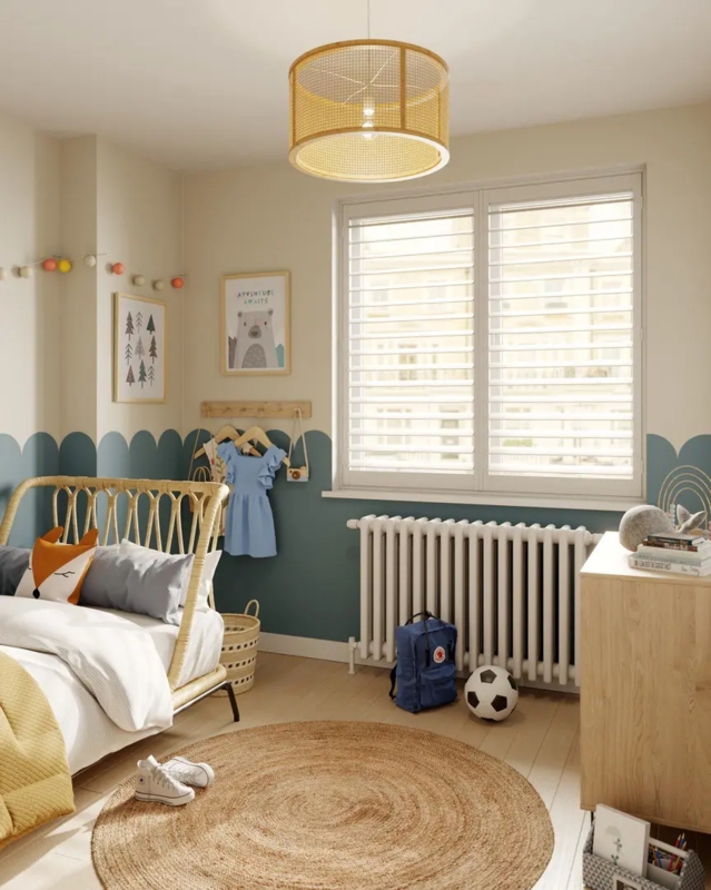 Kids Bedroom with Teal Scalloped Wall Paint and Rattan Bed Frame