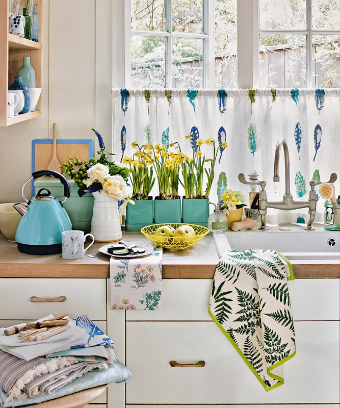 Kitchen: Cottage Style with Feather Print Curtains & Teal Accent Kettle