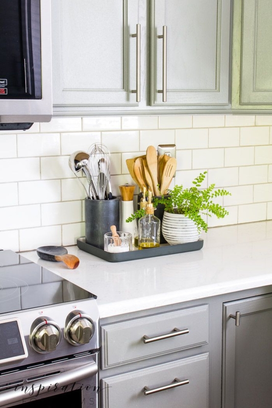 Kitchen Countertop Tray Styling with Utensil Storage and Plants