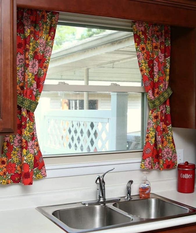 Kitchen Curtains: Colorful Floral Print with Vintage Inspired Fabric Ties