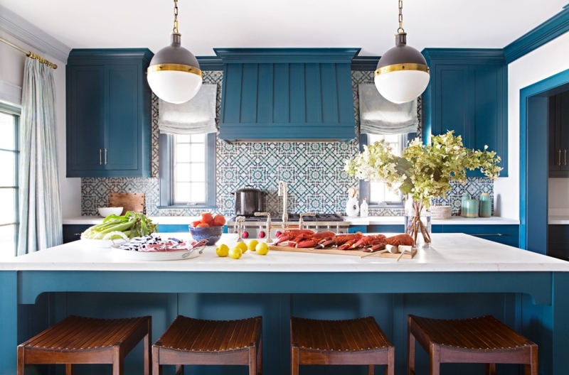 Kitchen Design: Bold Teal Cabinets with Geometric Tile Backsplash Idea