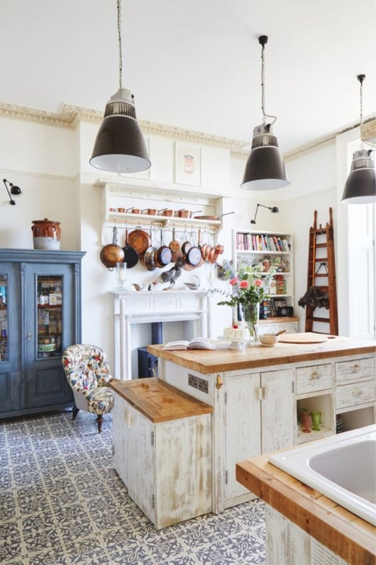 Kitchen Island with Hanging Copper Cookware & Patterned Tile Floor