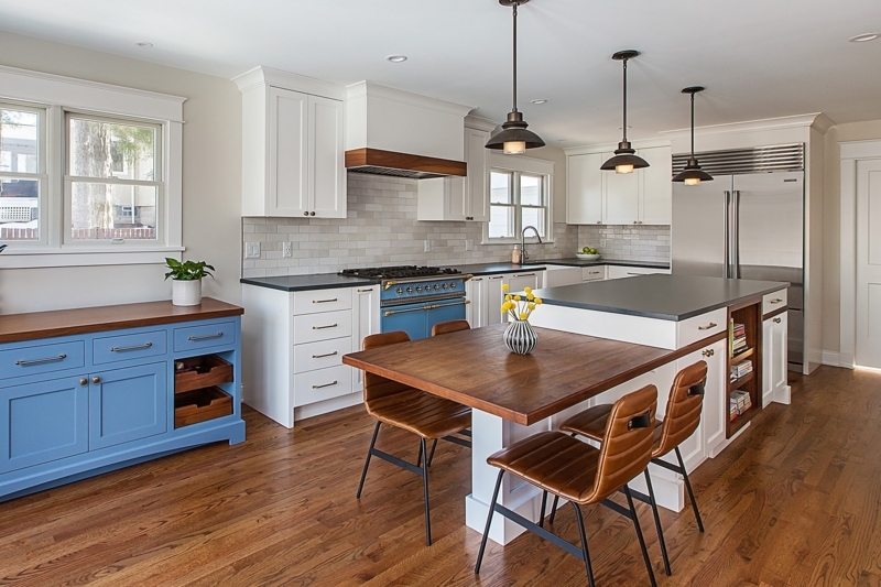 Kitchen Island with Integrated Wood Table and Blue Stove Design Ideas