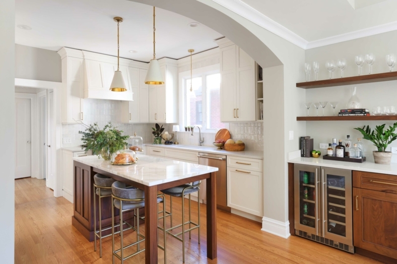Kitchen Island with Seating, Butcher Block Top, and Open Shelving
