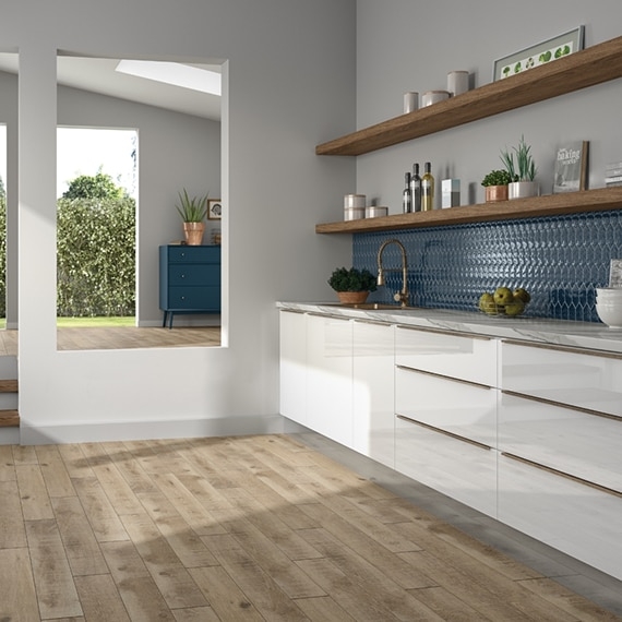 Kitchen: Modern Minimalist Design with Textured Blue Tile Backsplash