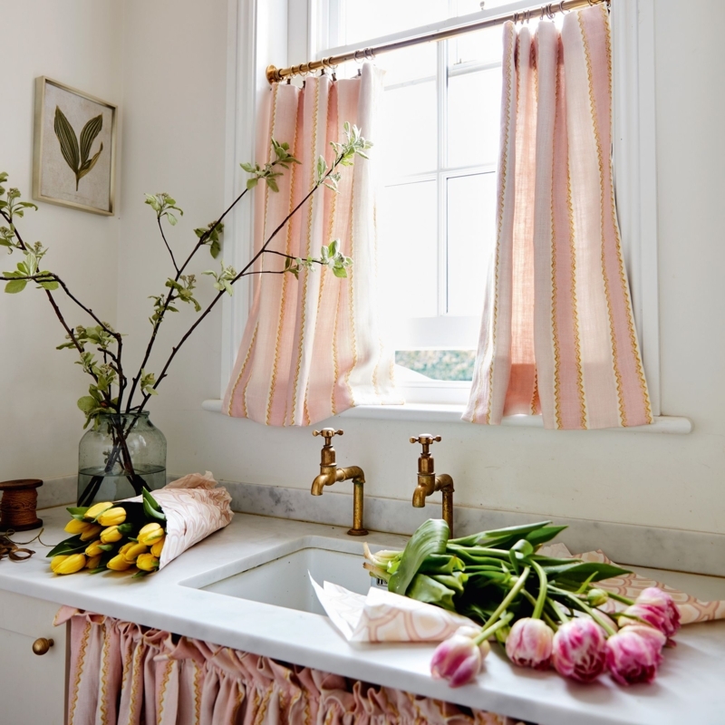 Kitchen: Pink Striped Cafe Curtains with Ruffled Sink Skirt & Brass Taps