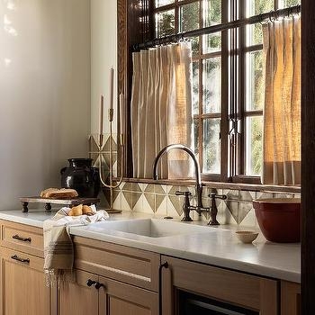 Kitchen: Pleated Cafe Curtains with Aged Brass Faucet & Geometric Tile