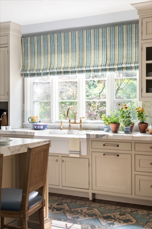 Kitchen: Traditional Design with Blue Striped Window Shade & Brass Faucet