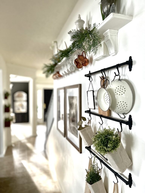 Kitchen Wall Rail Matte Black System with Copper Mug Accents and Shelf