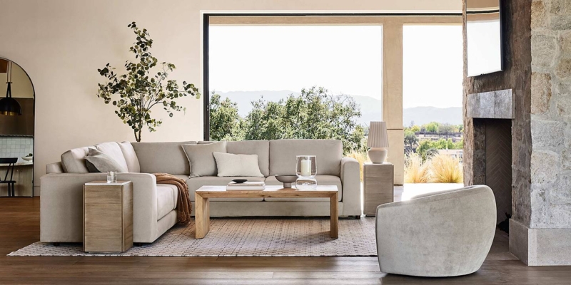 L-Shaped Sectional Sofa in Farmhouse Living Room with Swivel Chair