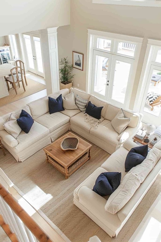 L-Shaped Sectional with Navy Accents and Natural Fiber Area Rug