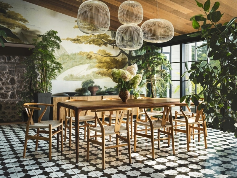 Landscape Mural Accent Wall Dining Room with Patterned Tile Floor