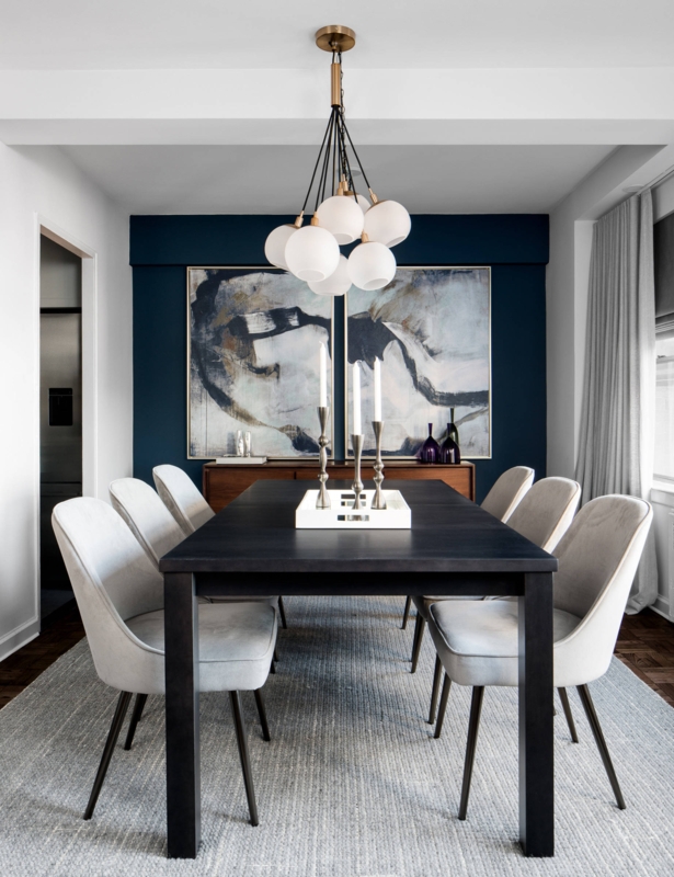 Large Abstract Art for Dining Room on Navy Wall with Globe Pendant
