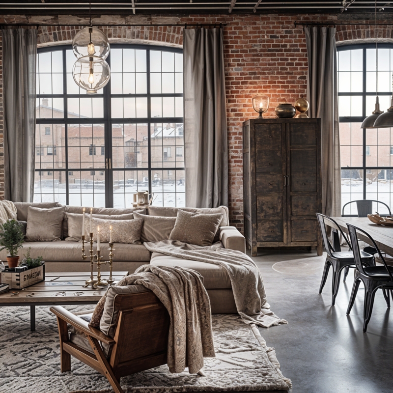 Large Arched Factory Window Layout in Industrial Loft Living Room