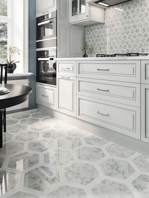 Large Format Hexagon Tile Floor in White Shaker Kitchen Design