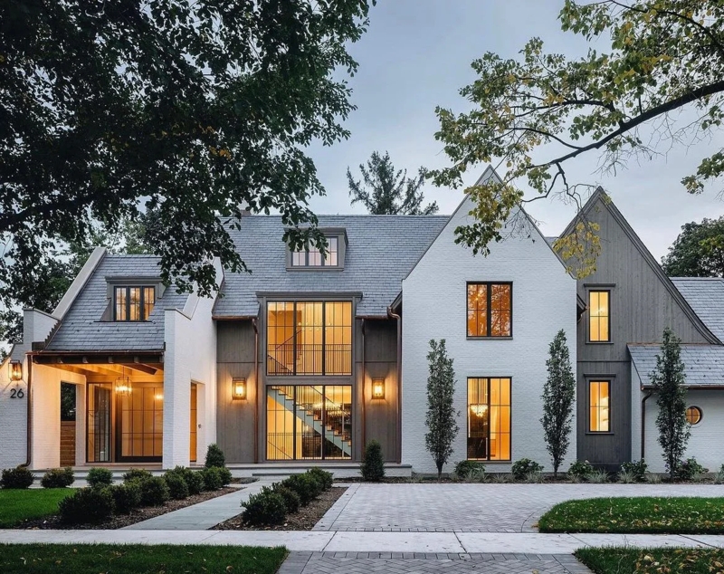 Large Glass Window Wall Facade on Modern White Brick Farmhouse