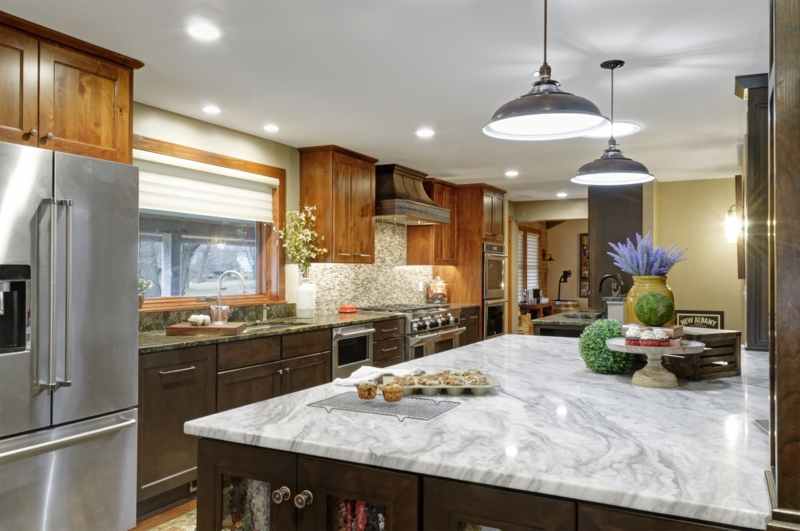 Large Marble Look Kitchen Island with Industrial Pendant Lighting