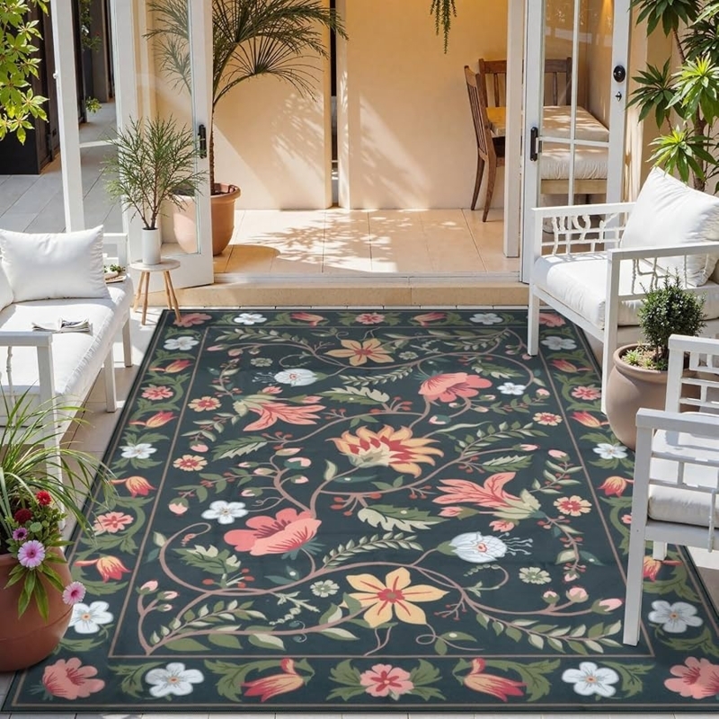 Large Scale Area Rug Black Beige Botanical Floral Tropical Deck Layout