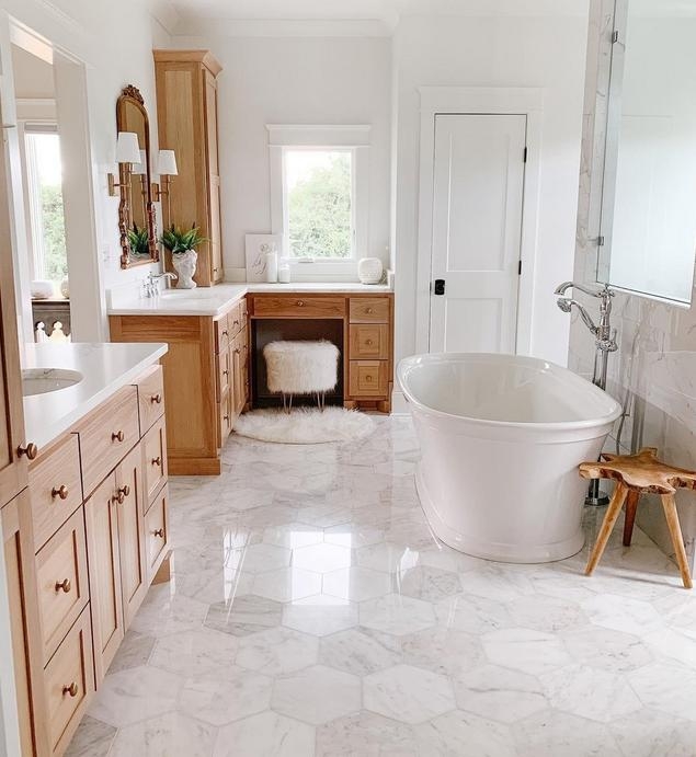Large Scale Geometric Floor Tile with Light Wood Vanities
