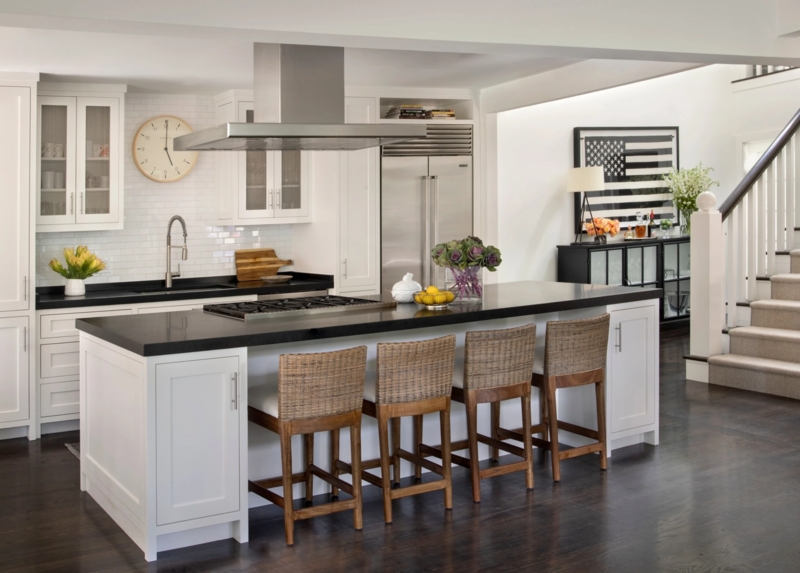 Large White Kitchen Island with Woven Back Bar Stools