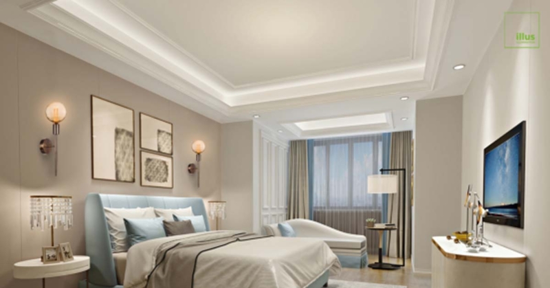 Layered Bedroom Lighting Design Blue Upholstered Bed Coffered