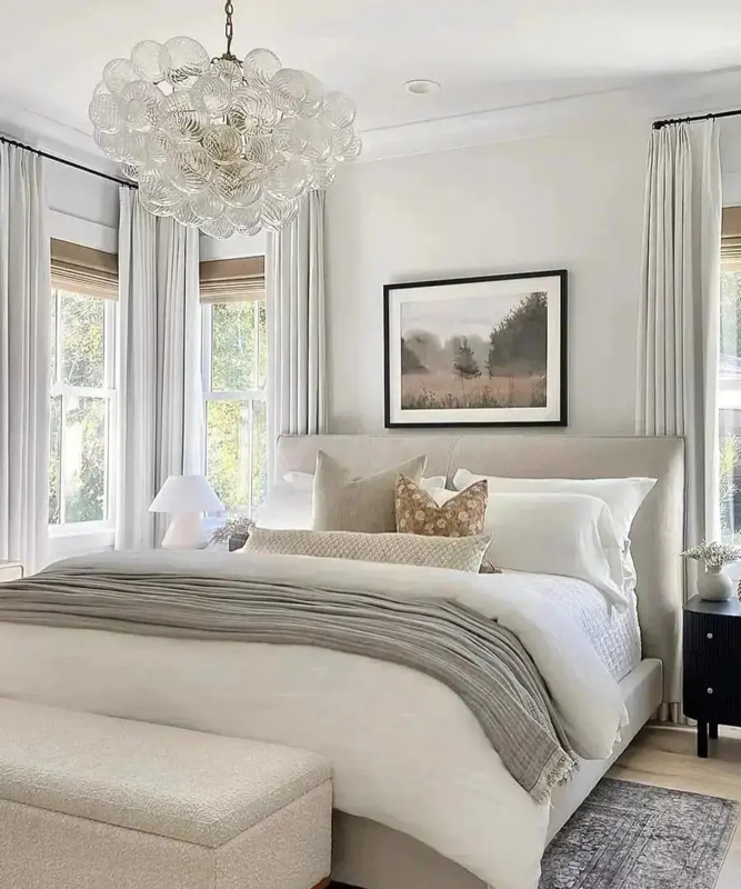 Layered Drapery and Woven Shades Neutral Transitional Bedroom Design