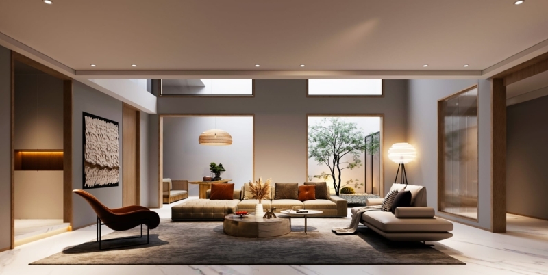 Layered Lighting Scheme in Modern Japandi Living Room