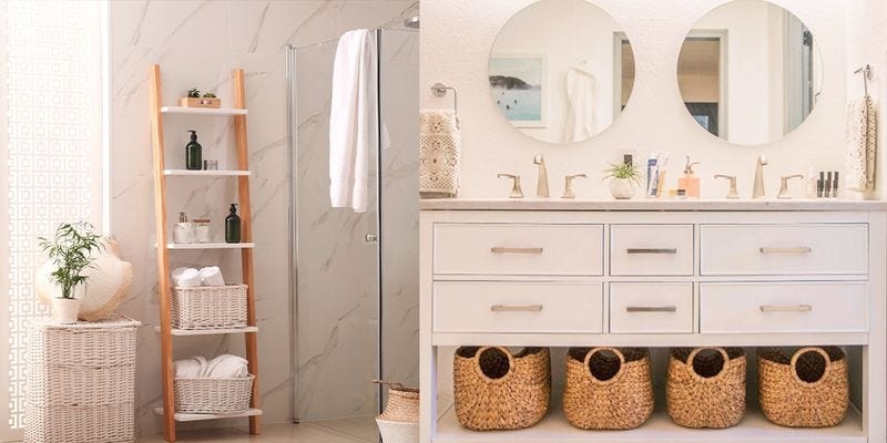 Leaning Ladder Shelf for towel storage next to double vanity. SEO: white and wood bathroom decor.