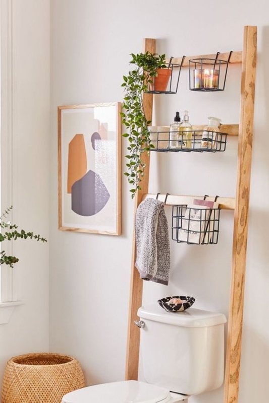 Leaning Ladder Shelf Over Toilet with Removable Wire Baskets