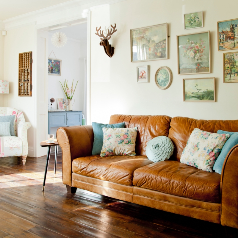 Leather Sofa Styling with Eclectic Gallery Wall Layout