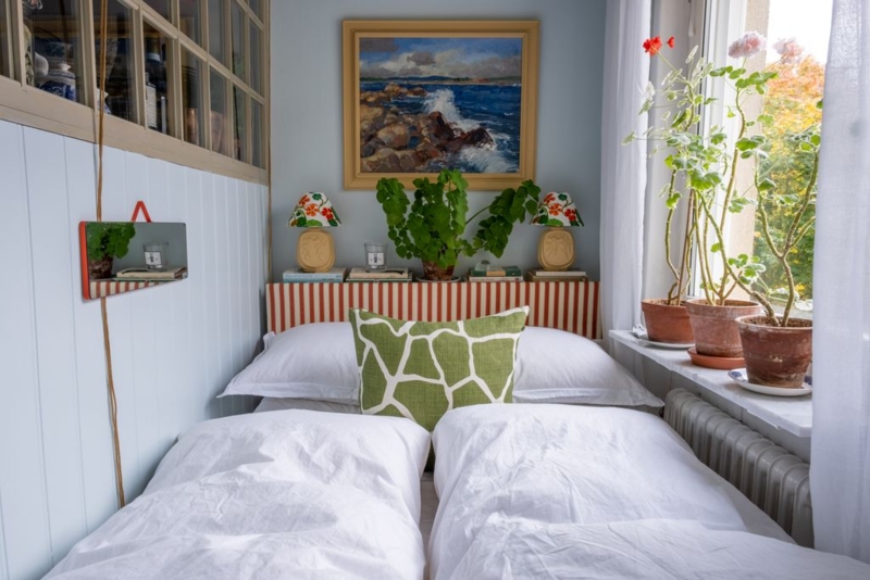 Light Blue Beadboard Nook Bed with Striped Headboard Ledge