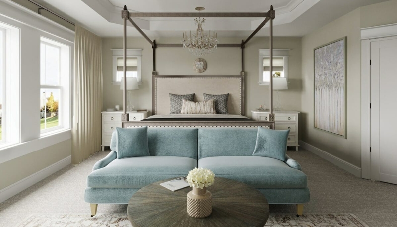Light Blue Bedroom Sofa Bench at Foot of Four Poster Bed