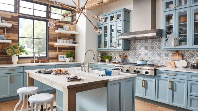Light Blue Farmhouse Kitchen with Patterned Backsplash