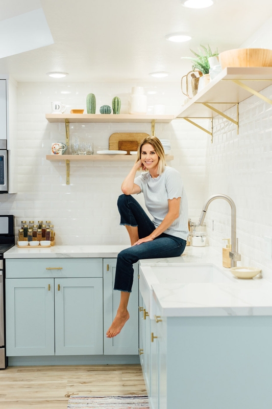 Light Blue Farmhouse Kitchen with Wood Floating Shelves.