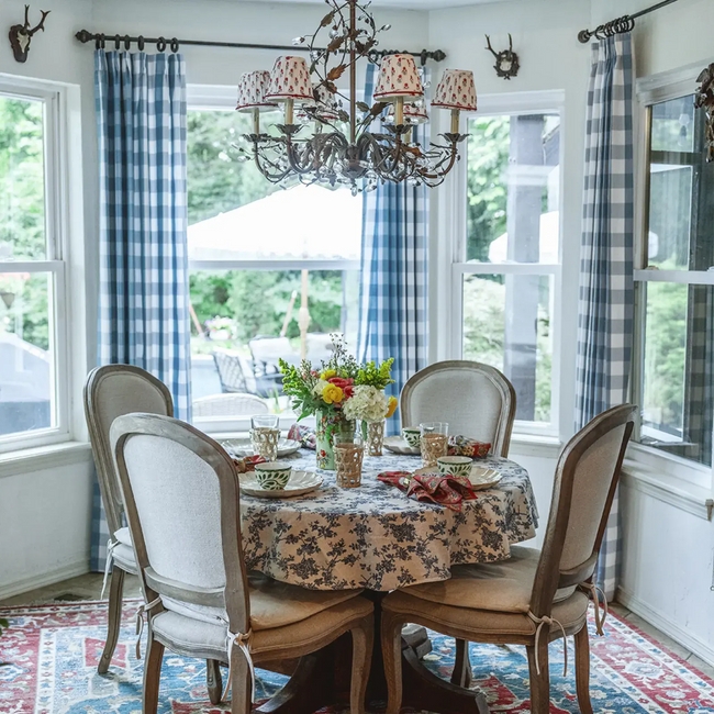 Light Blue Gingham Curtains in French Country Dining Nook