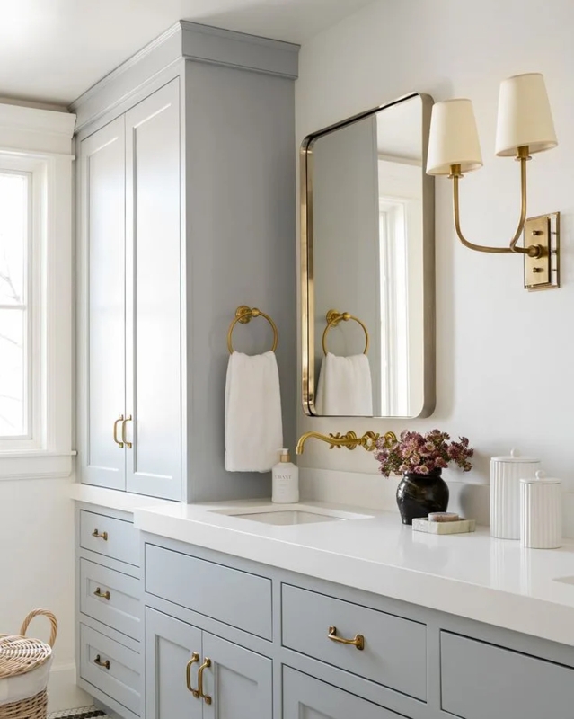 Light Blue Gray Bathroom Vanity with Wall Mounted Brass Faucet