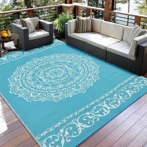 Light Blue Outdoor Rug Boho Geometric Woven Plastic Patio Mat