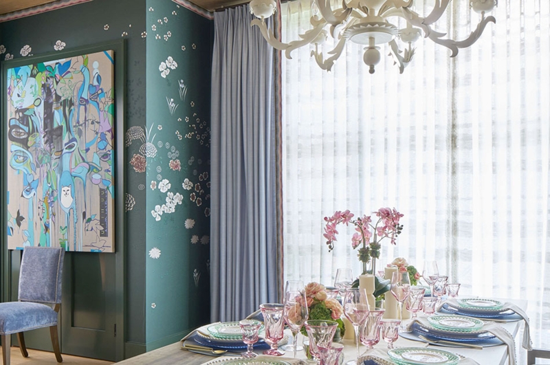 Light Blue Tailored Pleat Drapery contrasting Teal Floral Wallpaper