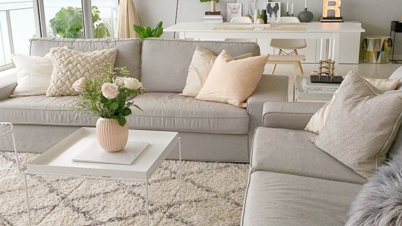 Light Gray Sofa Styling with Textured Shag Rug in Scandinavian Space