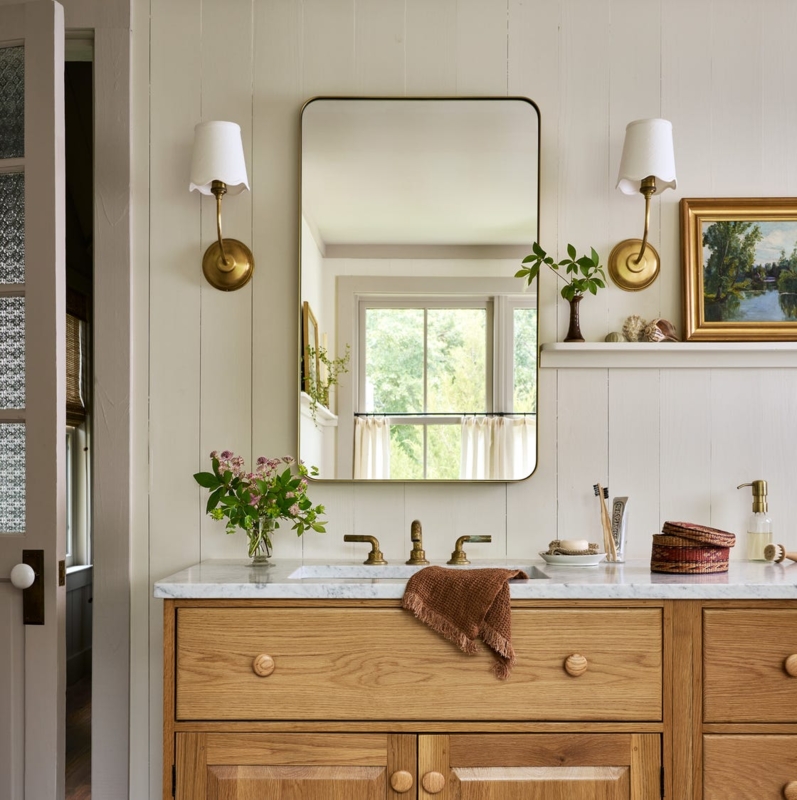 Light Oak Vanity: Brass Sconces with Scalloped Shades and Shiplap