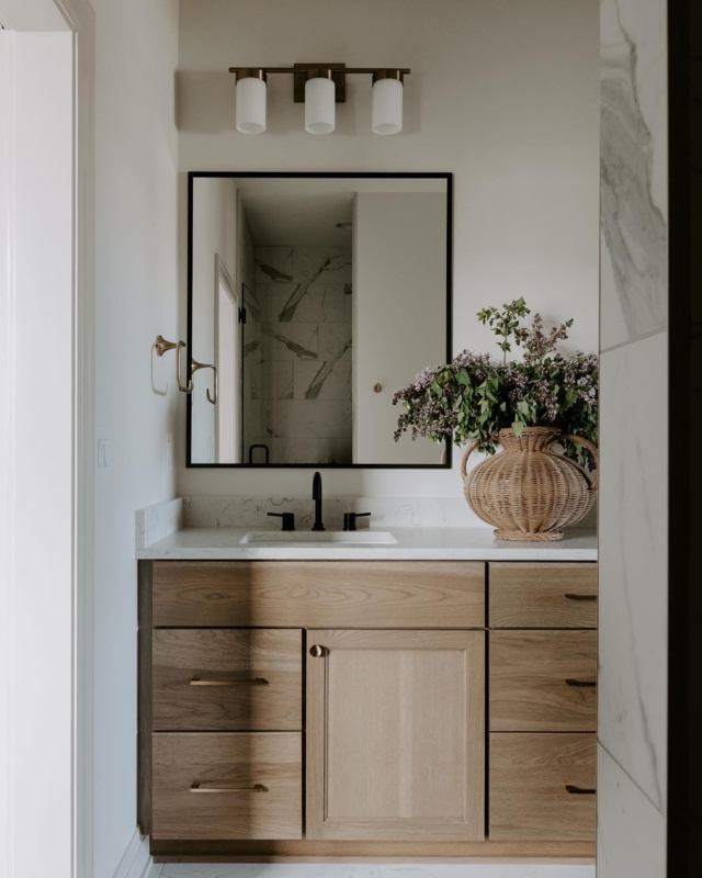 Light Oak Vanity & Modern Farmhouse with Three-Light Sconce