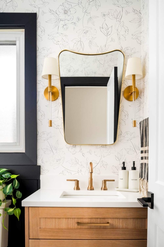 Light Wood Bathroom Vanity featuring Fine Line Floral Wallpaper