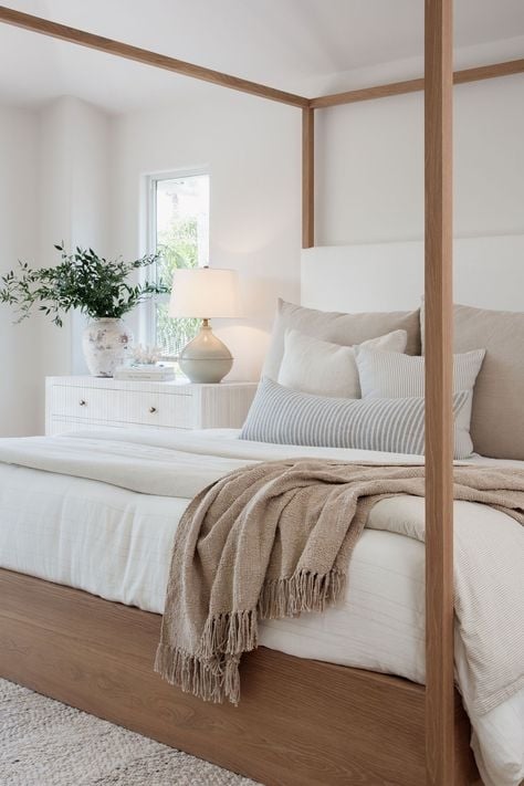 Light Wood Canopy Bed in Organic Modern Bedroom, Neutral Decor