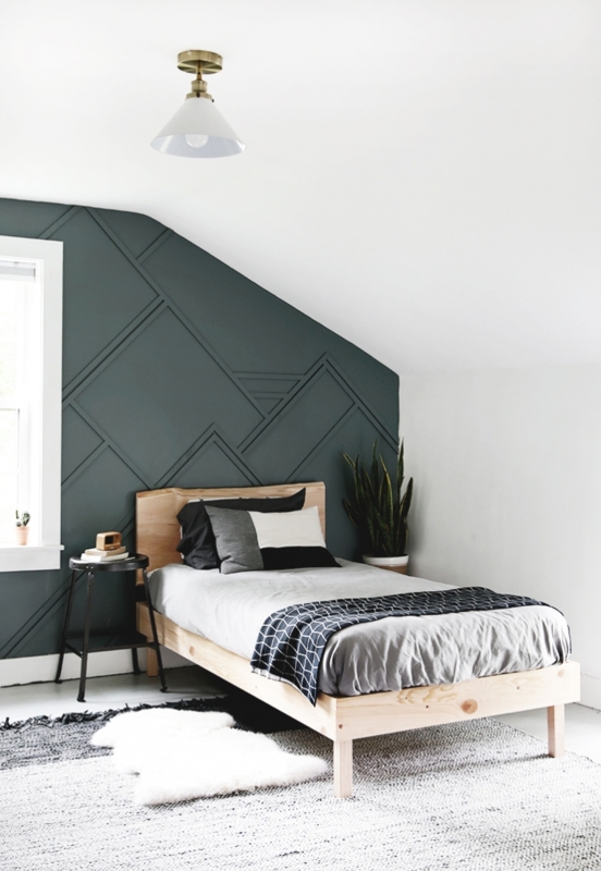 Light Wood Platform Bed Styling Moody Teal Bedroom Accent Wall