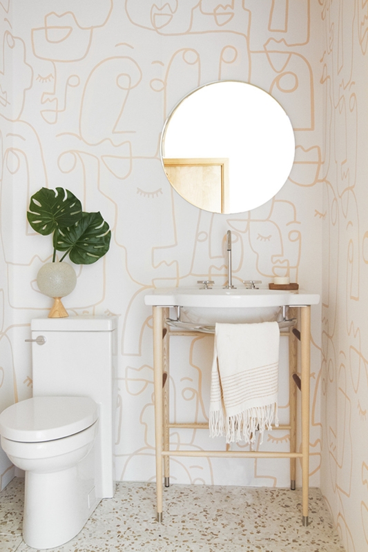 Line Art Wallpaper Bathroom with Console Sink and Terrazzo Floor