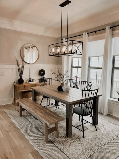 Linear Black Lantern Pendant Light Over Farmhouse Table & Bench