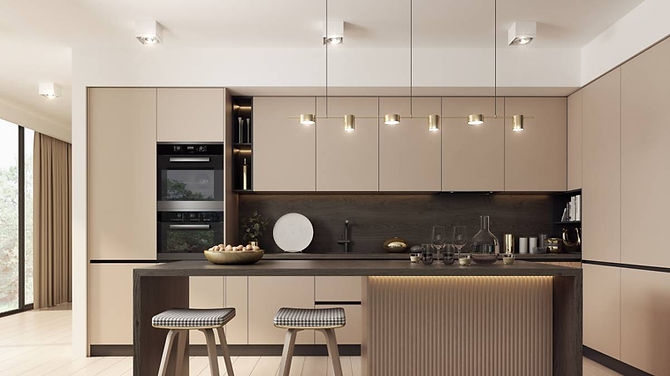 Linear Brass Kitchen Lighting over Minimalist Taupe Handleless Cabinets