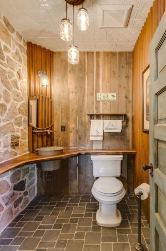 Live Edge Wood Countertop Bathroom with Corrugated Metal Walls